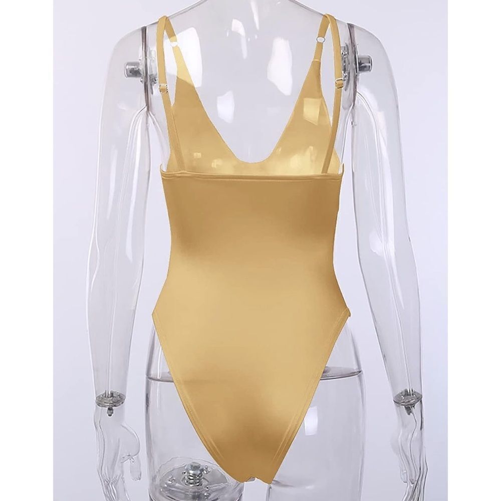 Women’s Sleeveless Bodysuit Gold Satin Night Out Leotard with Underwire. - Picture 6 of 8